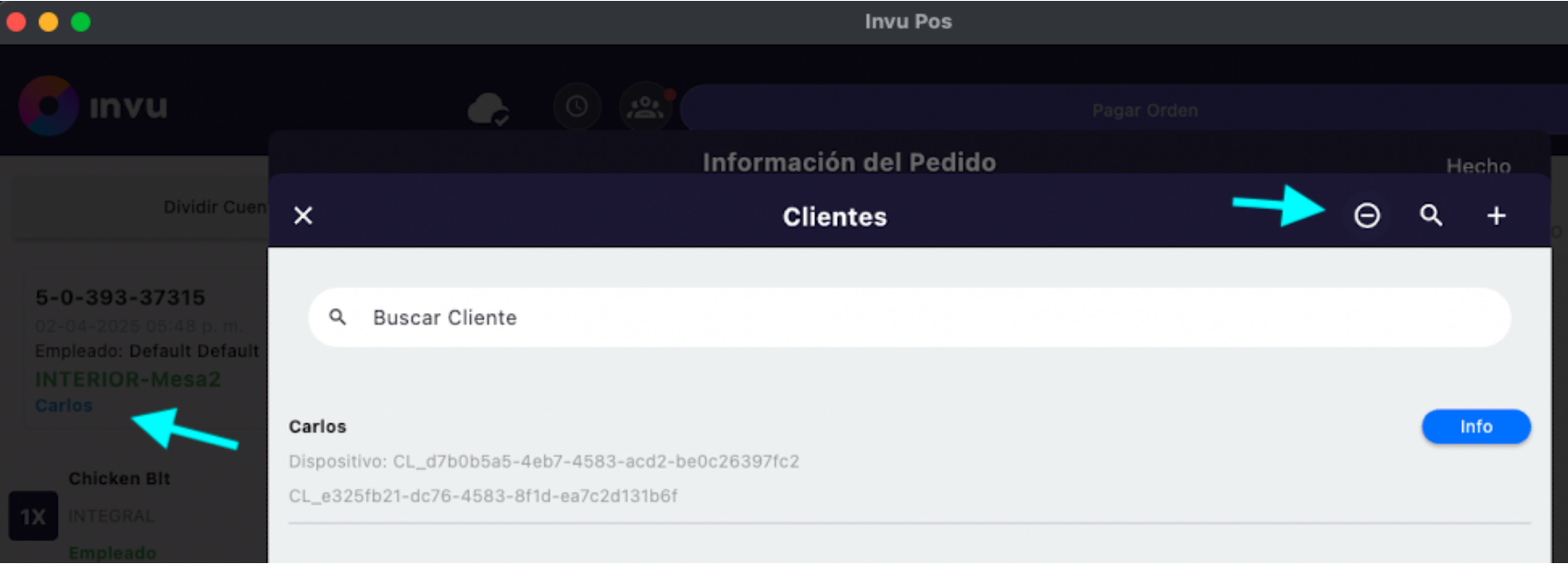 Botón para eliminar cliente de la orden